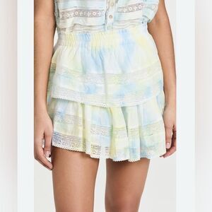 Love Shack Fancy Ruffle hem Lily Pond Mini Skirt yellow & blue pastel lace NWT M